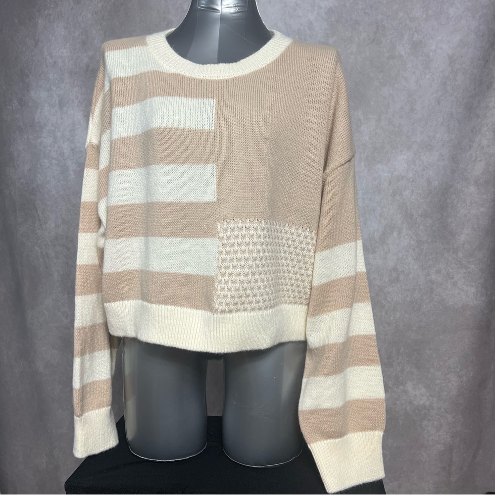 Peach Love California Beige and White Striped Sweater